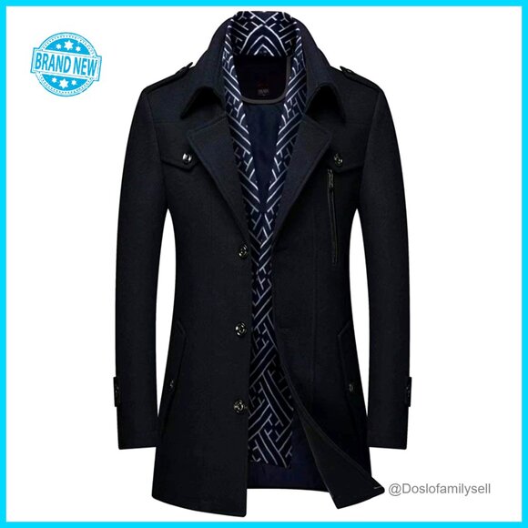 Men's Wool Blend Trench Coat Detachable Scarf Classic Pea Coat Winter Warm